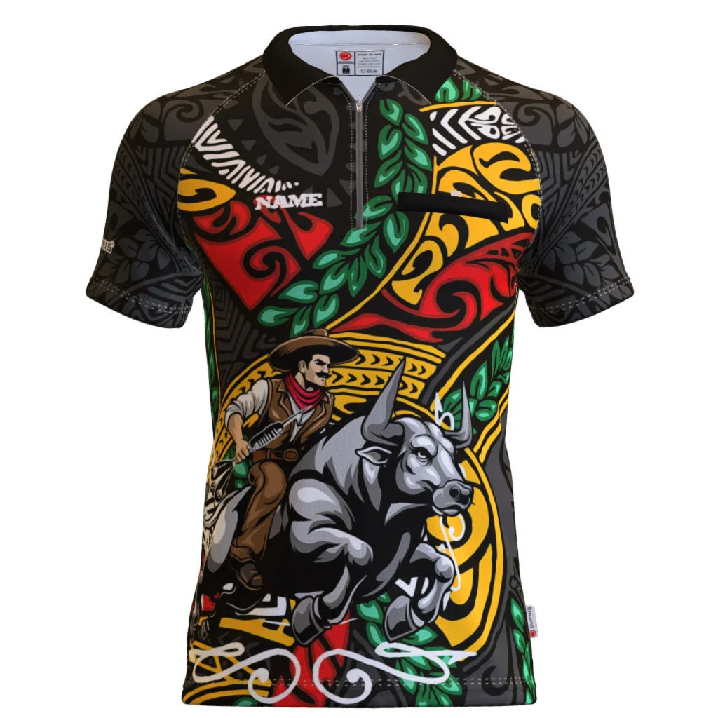 Dartshirt mit Cowboy- und Bullenmotiv - Standard Kragen 