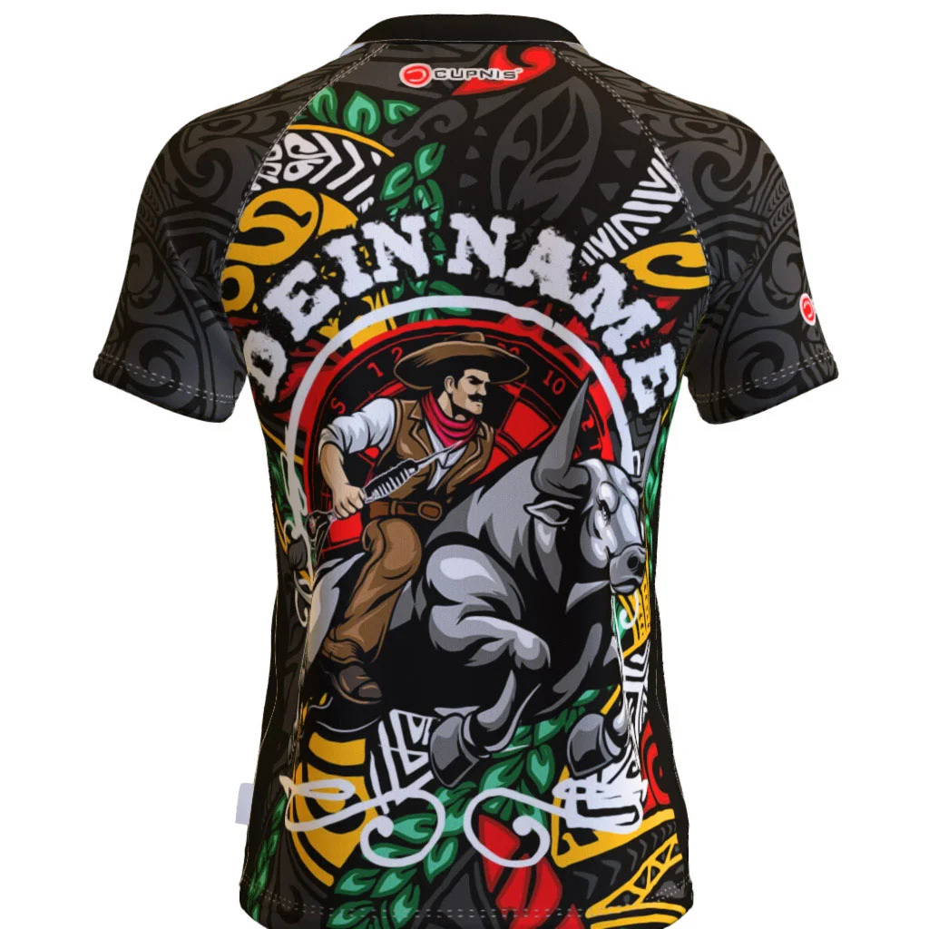 Dartshirt mit Cowboy- und Bullenmotiv - Standard Kragen 